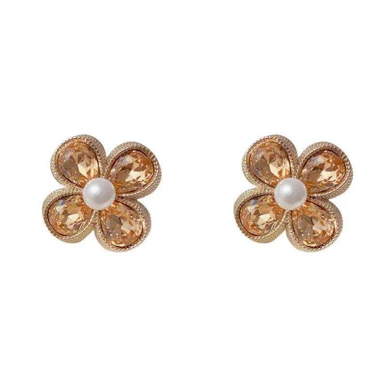 Coffee Color Rhinestone Pearl Petal Stud Earrings - AURIEVAA