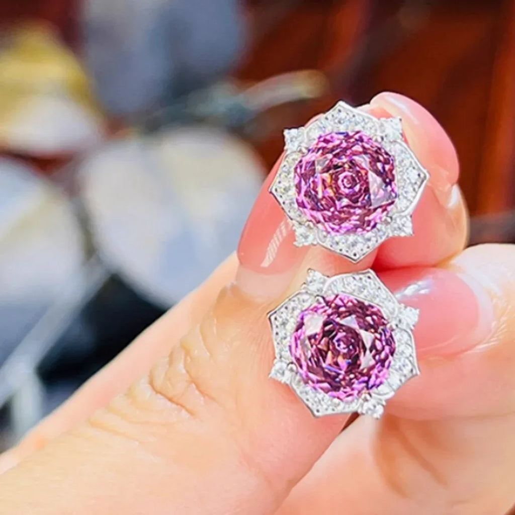 Purple Flower Earrings 925 Silver Inlaid With High Carbon Diamonds - AURIEVAA