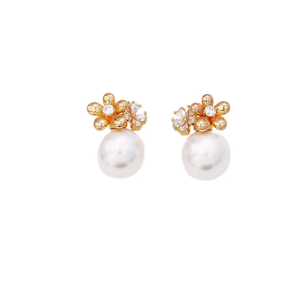 Flower Inlaid Zirconium Pearl Stud Earrings Fashion Exquisite And Versatile - AURIEVAA