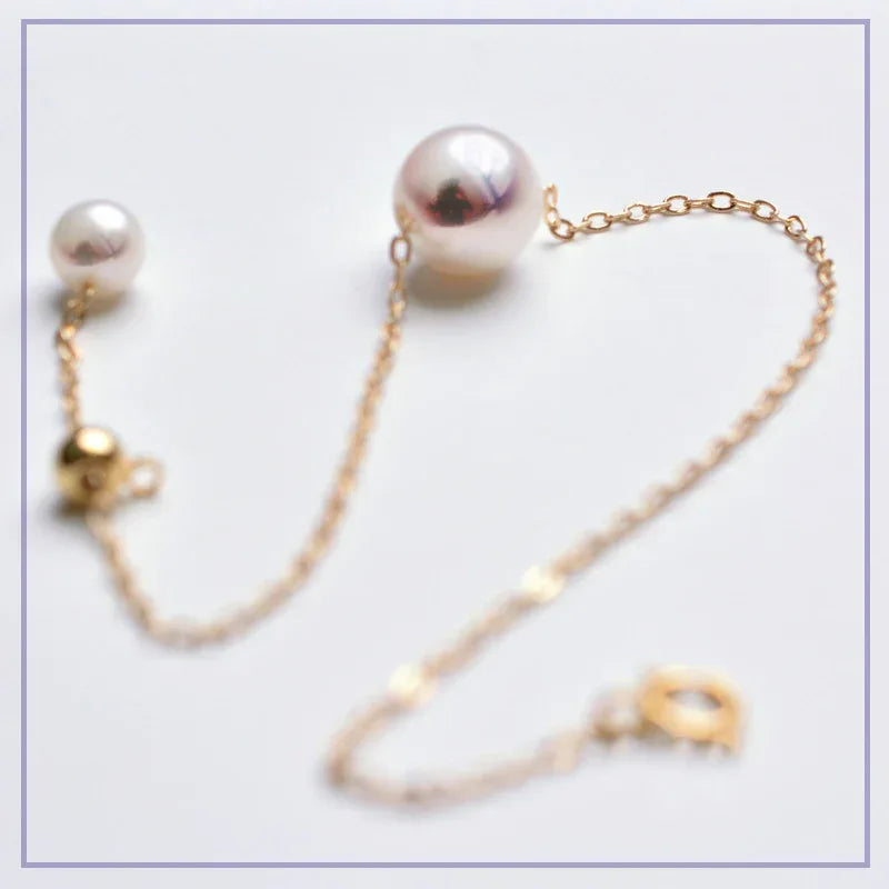 Single 18K Gold Japanese Akoya sea pearl bracelet adjusts natural rose white color gold flawless bulb - AURIEVAA