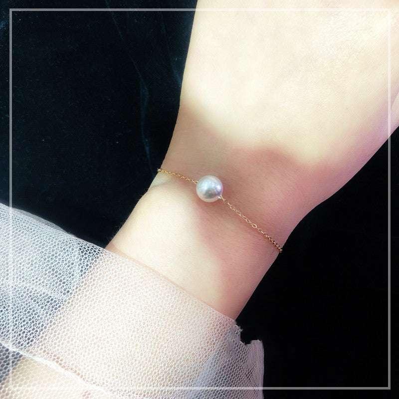 Single 18K Gold Japanese Akoya sea pearl bracelet adjusts natural rose white color gold flawless bulb - AURIEVAA