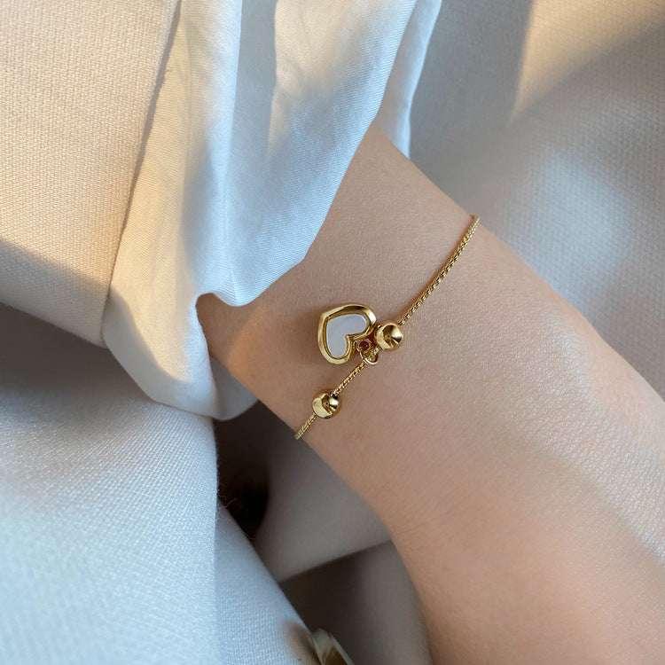 Shell White Fritillary Peach Heart Love Bracelet Pullable Bead Adjustable Jewelry - AURIEVAA