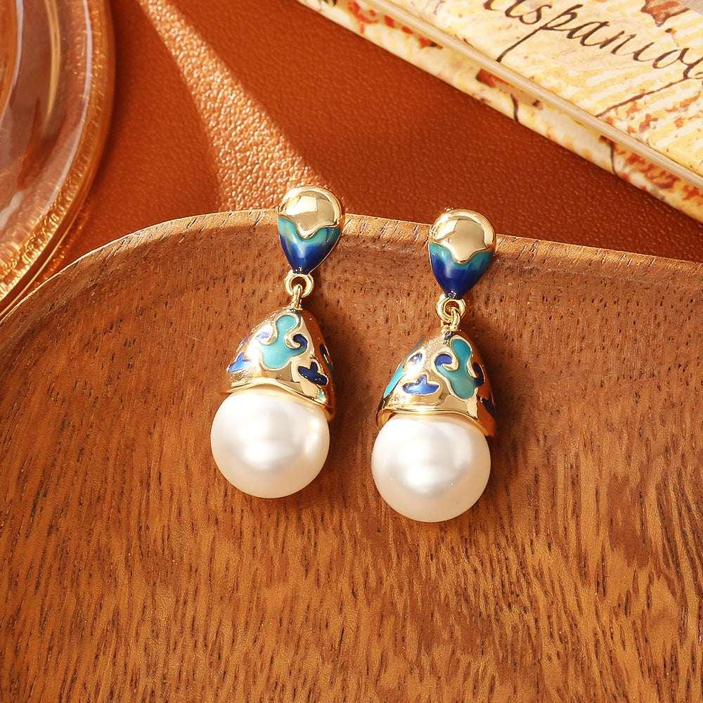 Enamel Pearl Stud Earrings High-end Fashion Elegant - AURIEVAA