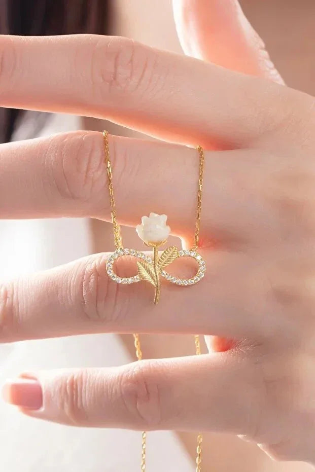 925 Sterling Silver Gold Plated White Rose Infinity Necklace With Zircon Stone - AURIEVAA