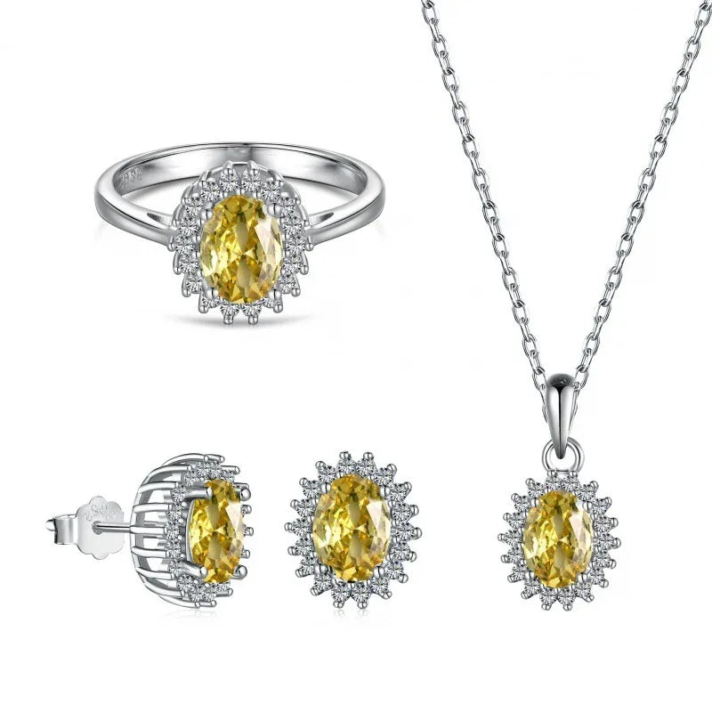 S925 Sterling Silver 5A Zircon Colored Gems Full Diamond Oval - AURIEVAA