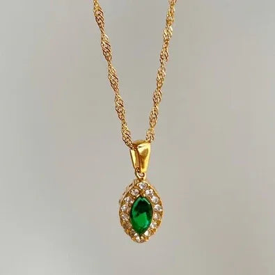 Olive Shaped Horse Eye Zircon Full Drill Titanium Steel Necklace - AURIEVAA