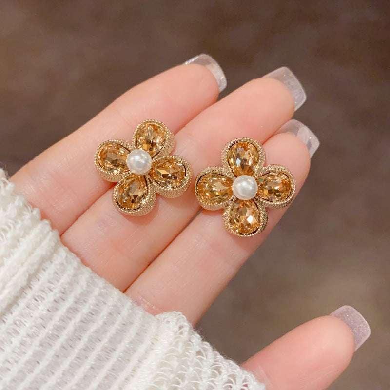 Coffee Color Rhinestone Pearl Petal Stud Earrings - AURIEVAA