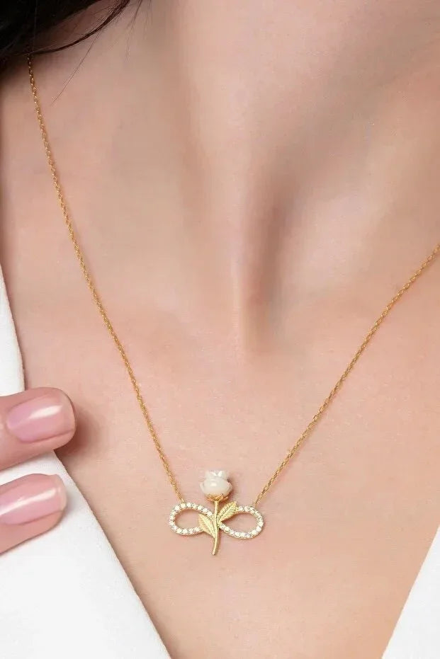 925 Sterling Silver Gold Plated White Rose Infinity Necklace With Zircon Stone - AURIEVAA