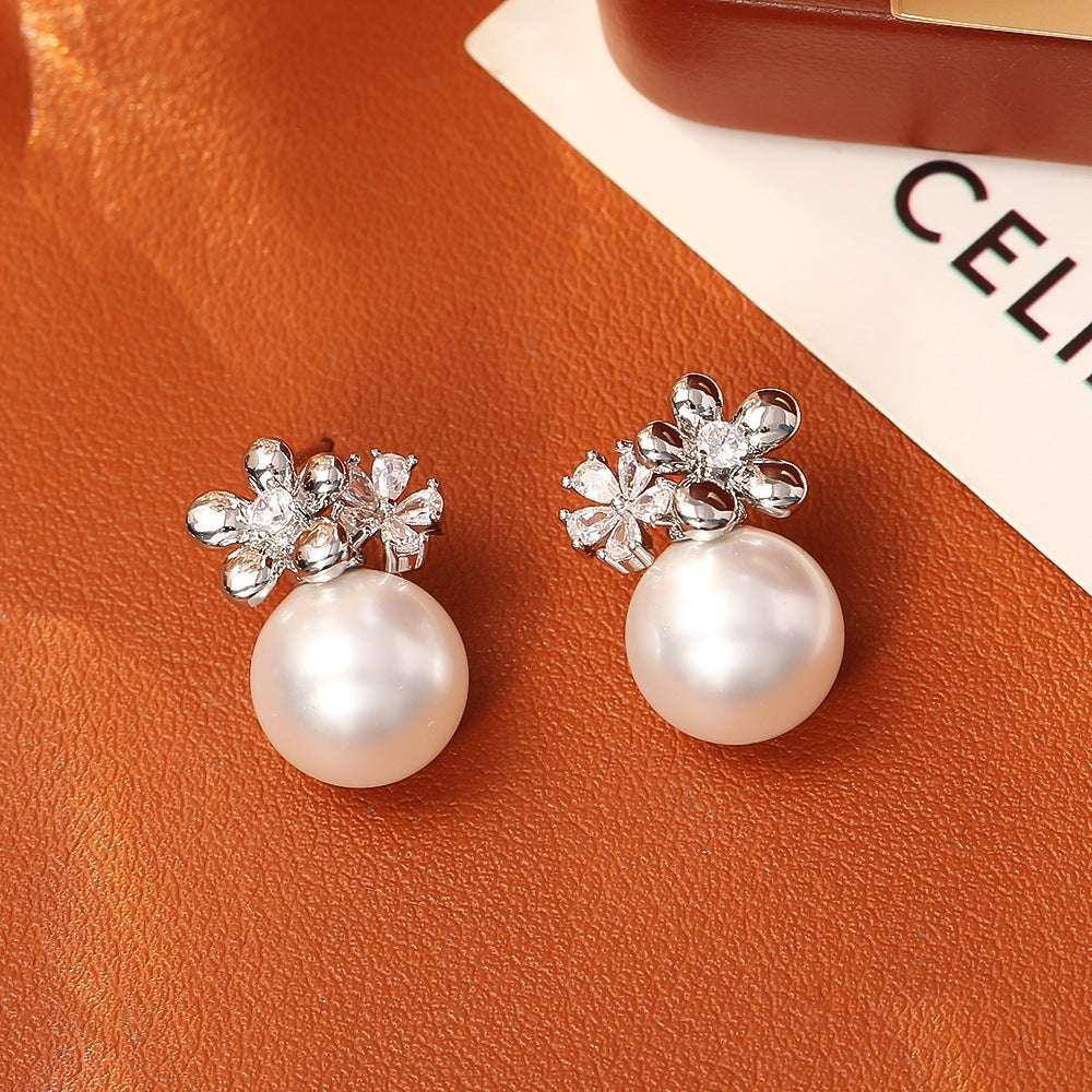 Flower Inlaid Zirconium Pearl Stud Earrings Fashion Exquisite And Versatile - AURIEVAA