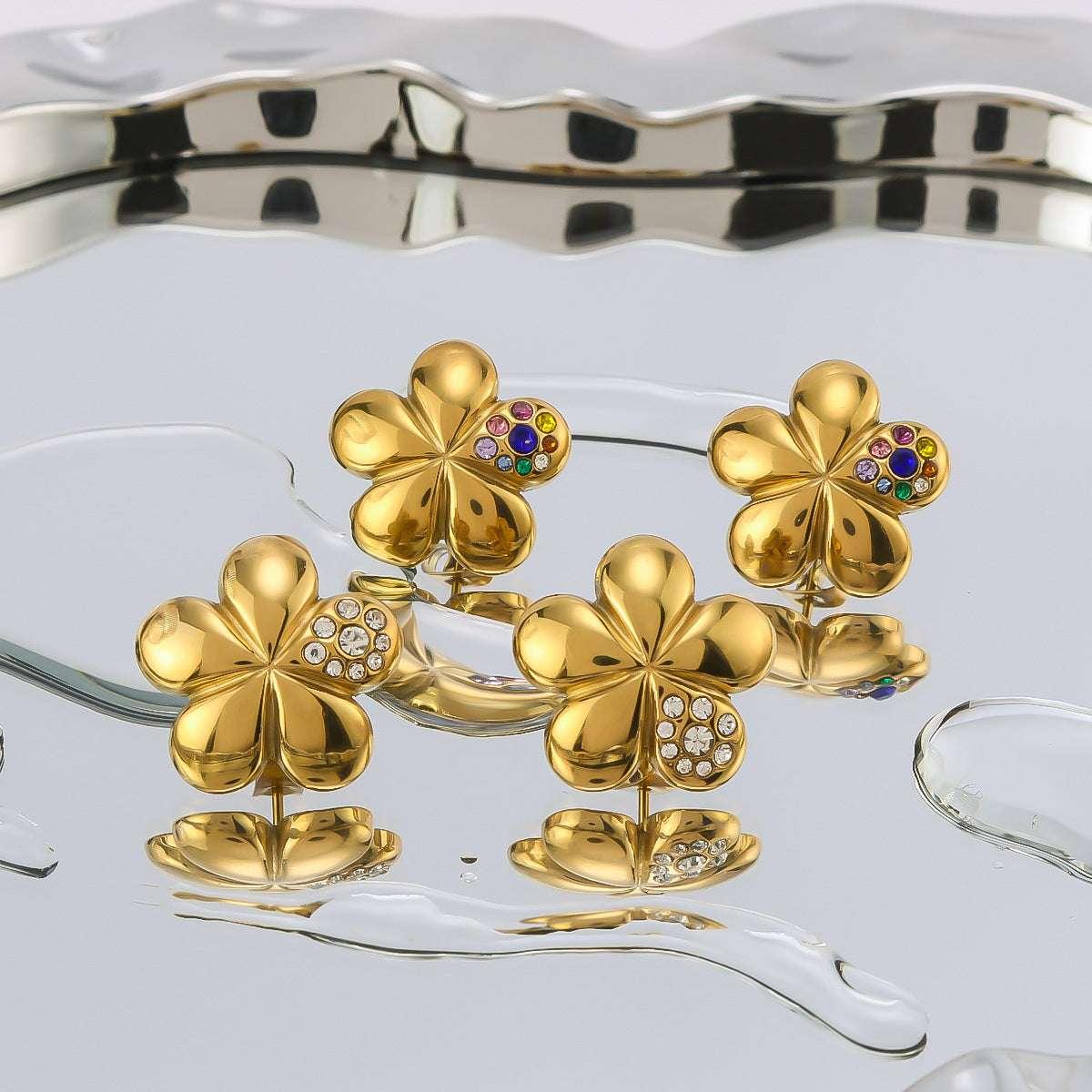 Popular Flower Earrings Inlaid With Diamond Stainless Steel - AURIEVAA