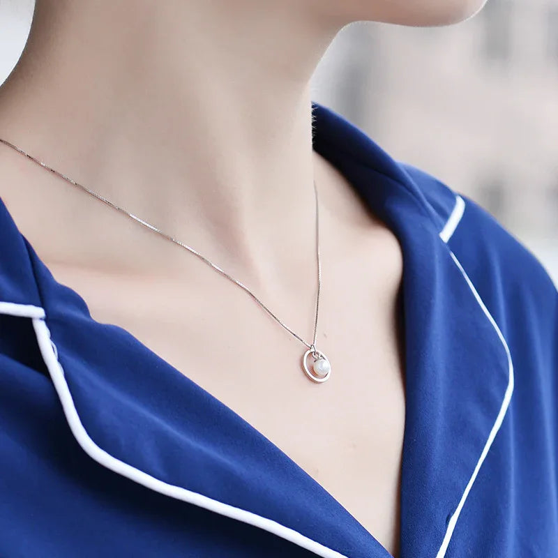 S925 sterling silver circle pearl necklace female Korean simple light bulb clavicle chain short sweet gas 7252 - AURIEVAA