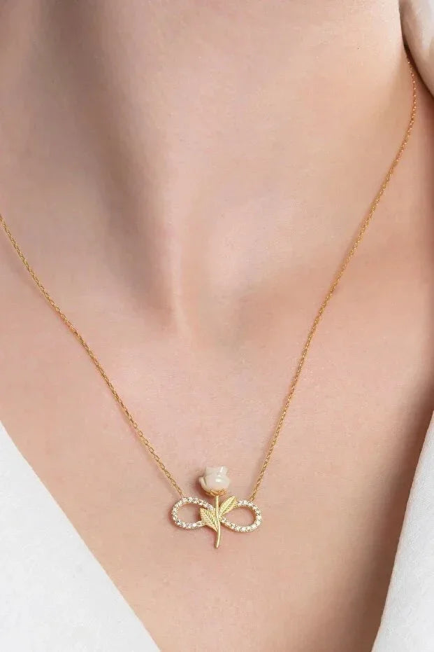 925 Sterling Silver Gold Plated White Rose Infinity Necklace With Zircon Stone - AURIEVAA