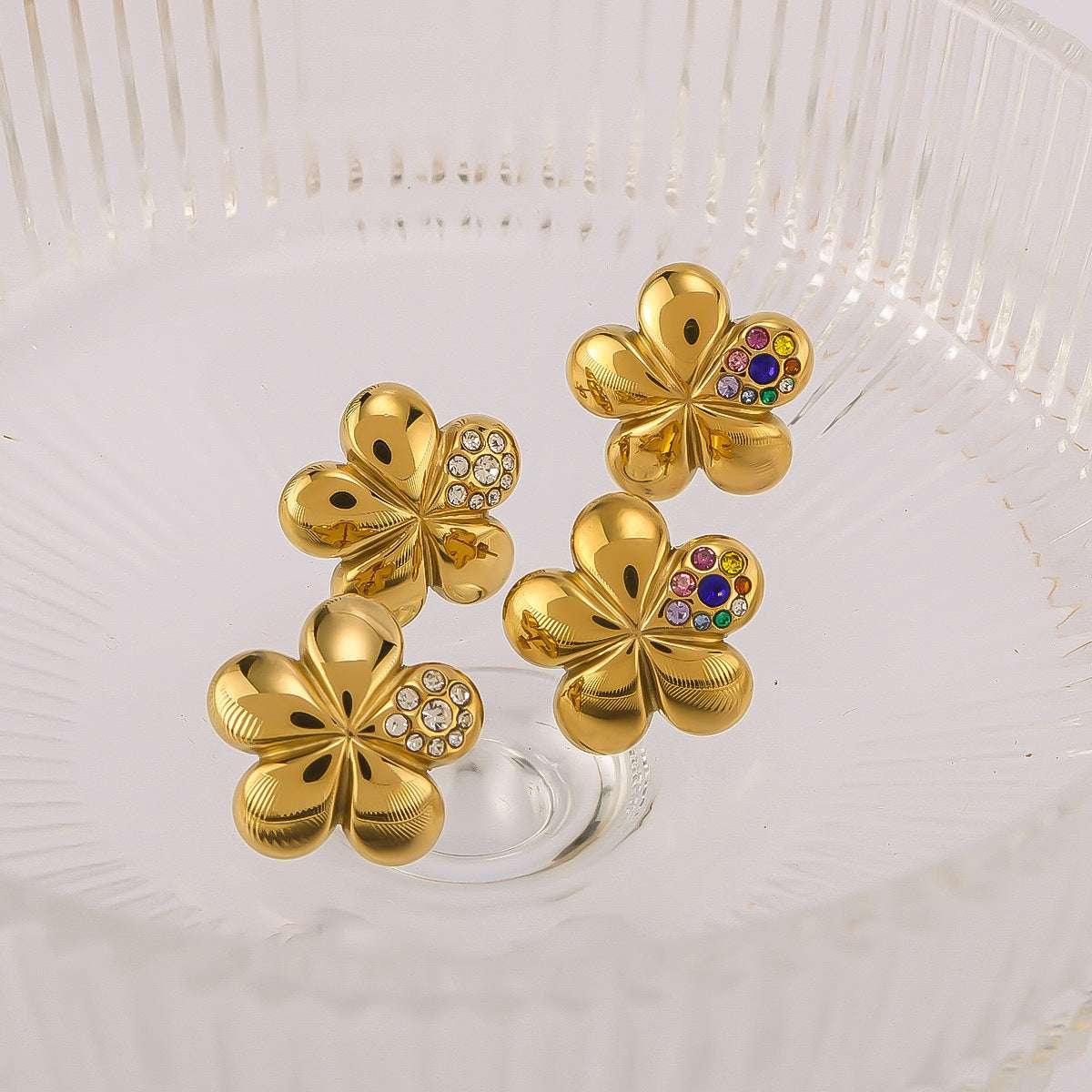 Popular Flower Earrings Inlaid With Diamond Stainless Steel - AURIEVAA