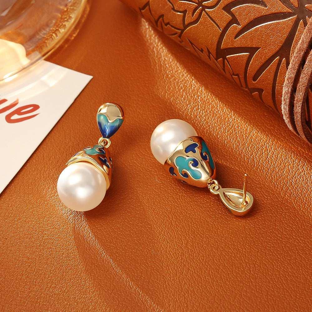 Enamel Pearl Stud Earrings High-end Fashion Elegant - AURIEVAA