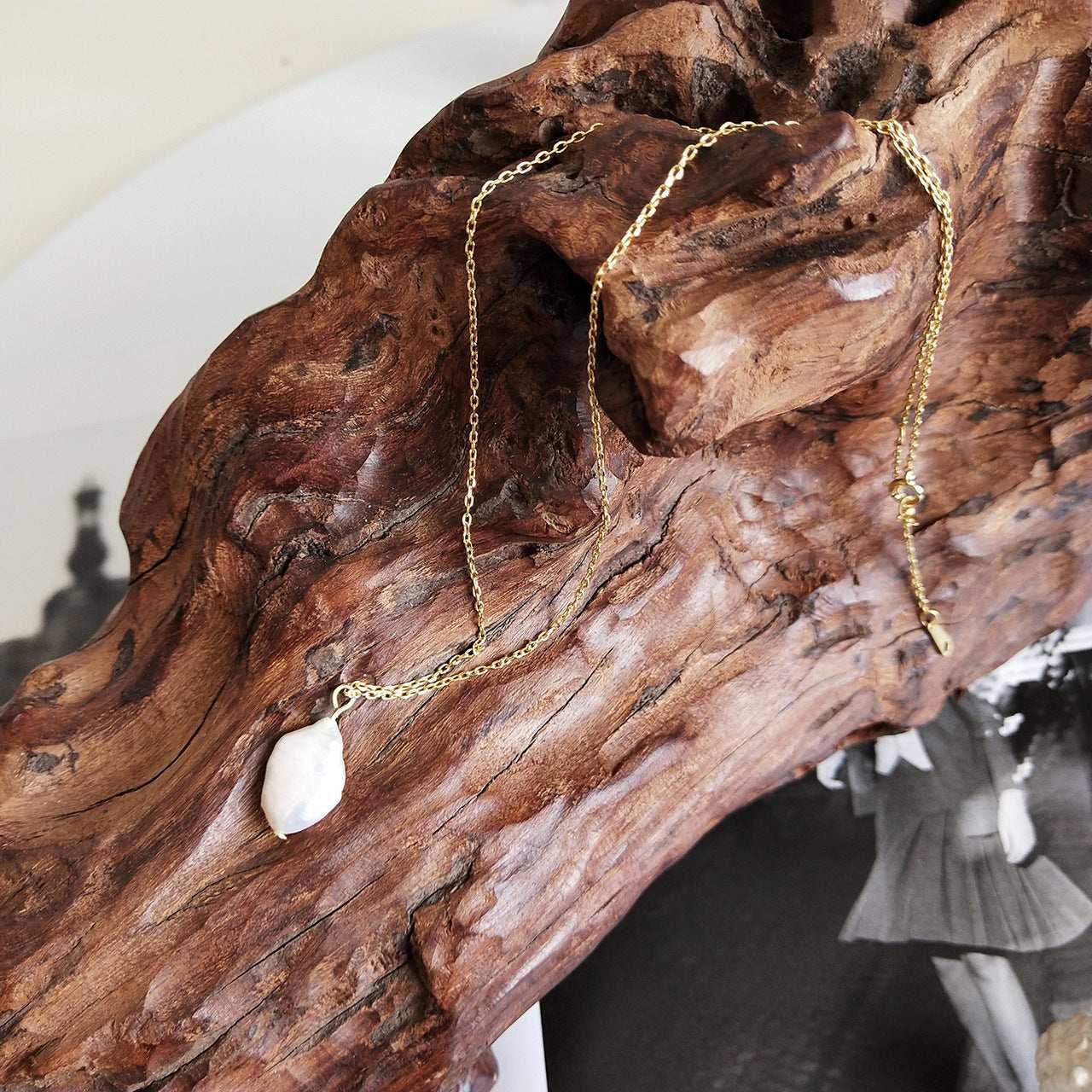 925 Sterling Silver Design Baroque Shaped Pearl Pendant Golden Necklace - AURIEVAA