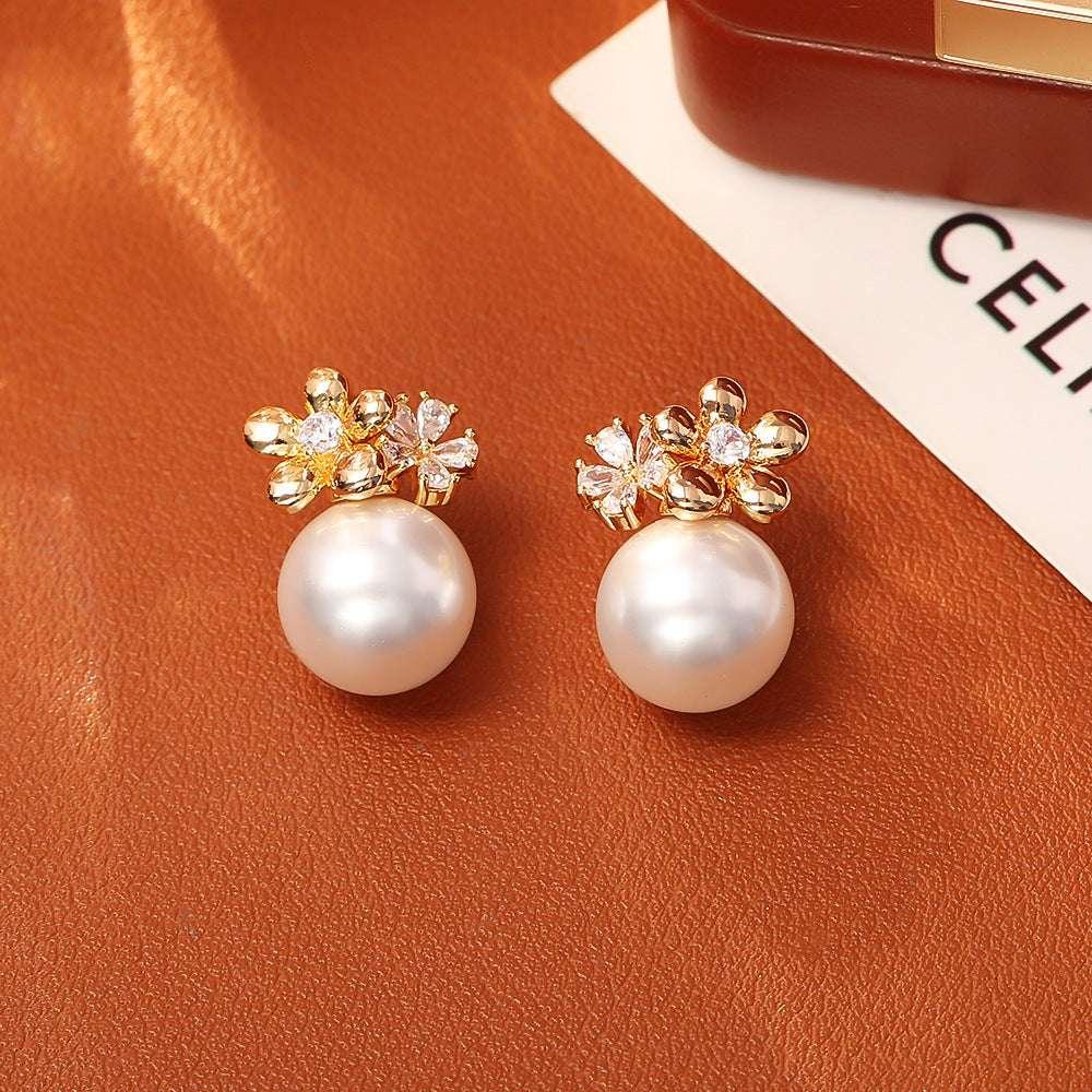 Flower Inlaid Zirconium Pearl Stud Earrings Fashion Exquisite And Versatile - AURIEVAA
