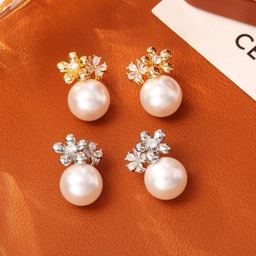 Flower Inlaid Zirconium Pearl Stud Earrings Fashion Exquisite And Versatile - AURIEVAA