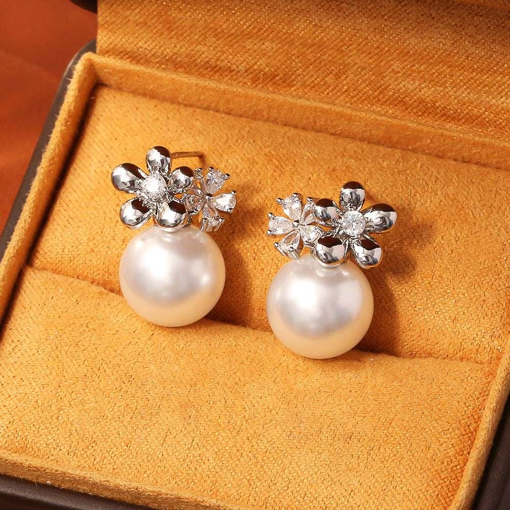 Flower Inlaid Zirconium Pearl Stud Earrings Fashion Exquisite And Versatile - AURIEVAA
