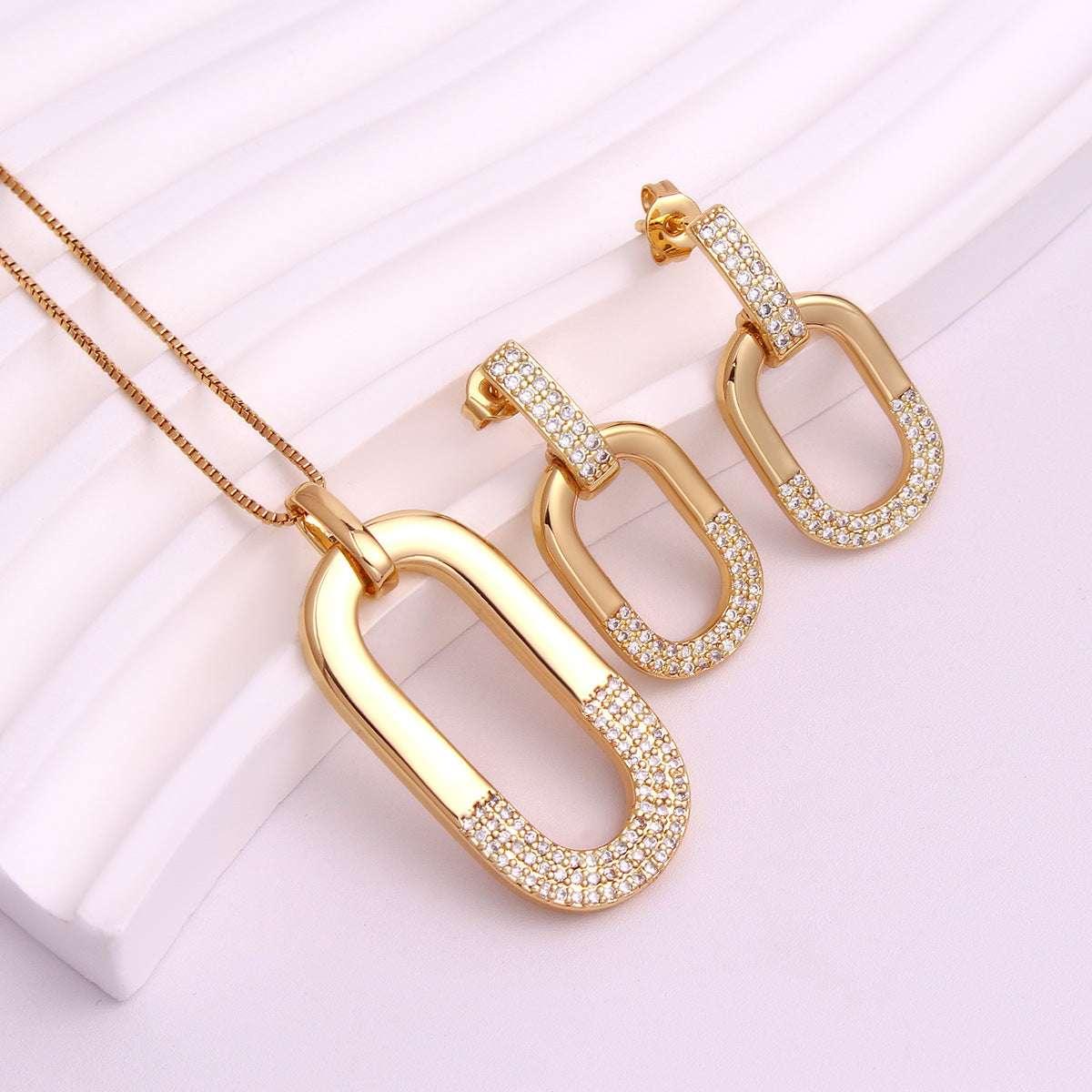 Oval Inlaid Zircon Ear Stud Necklace Female - AURIEVAA