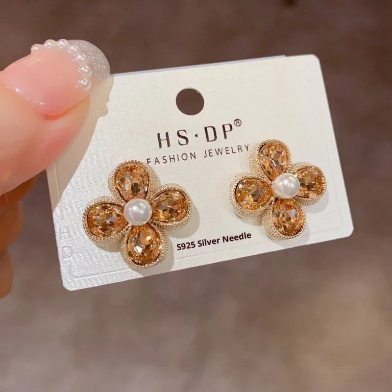 Coffee Color Rhinestone Pearl Petal Stud Earrings - AURIEVAA