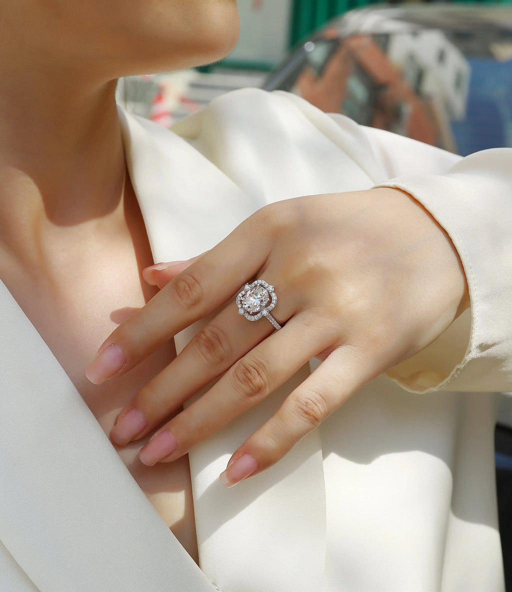 Camellia - Set With Top-quality Egg-shaped Moissanite S925 Silver And Platinum-plated Diamond Wedding Ring. The Ring Can Be Inspected With A Diamond Pen - AURIEVAA