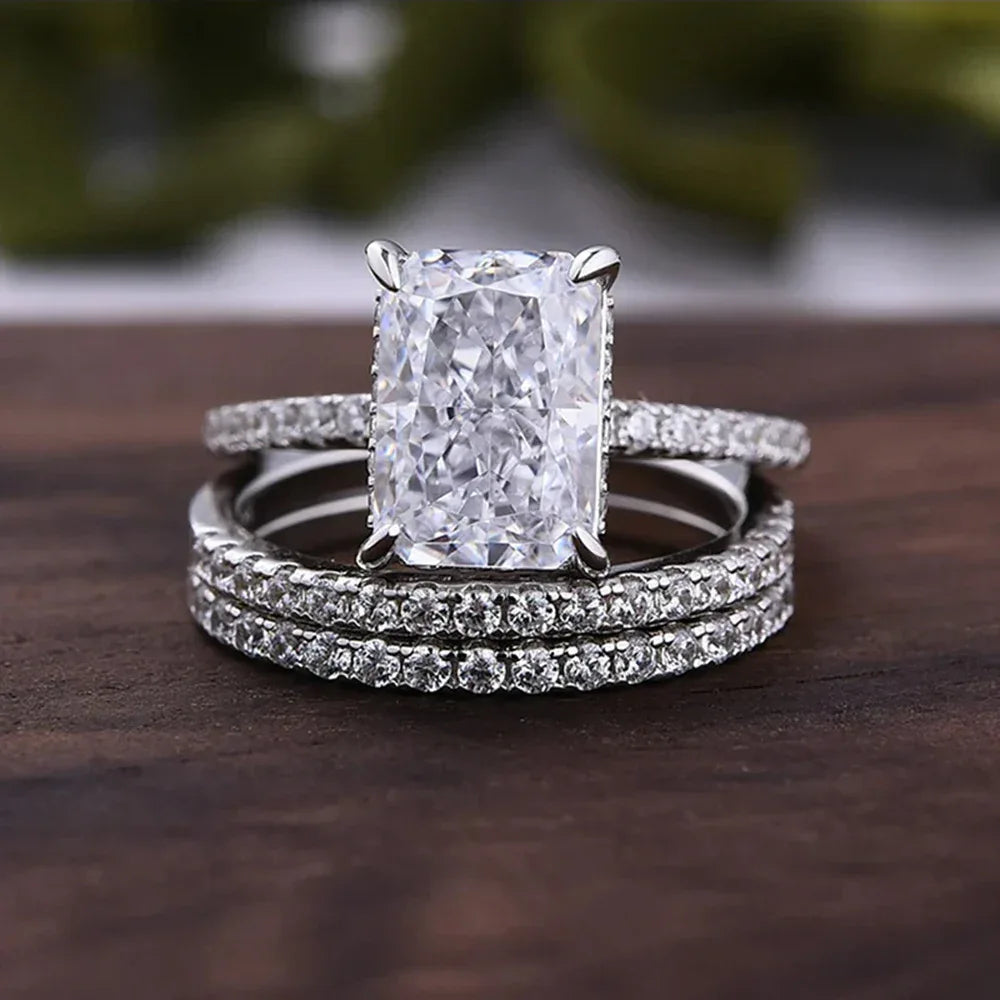 S925 Sterling Silver Super Shiny Ice Flower Cut Zircon Ring Suit - AURIEVAA