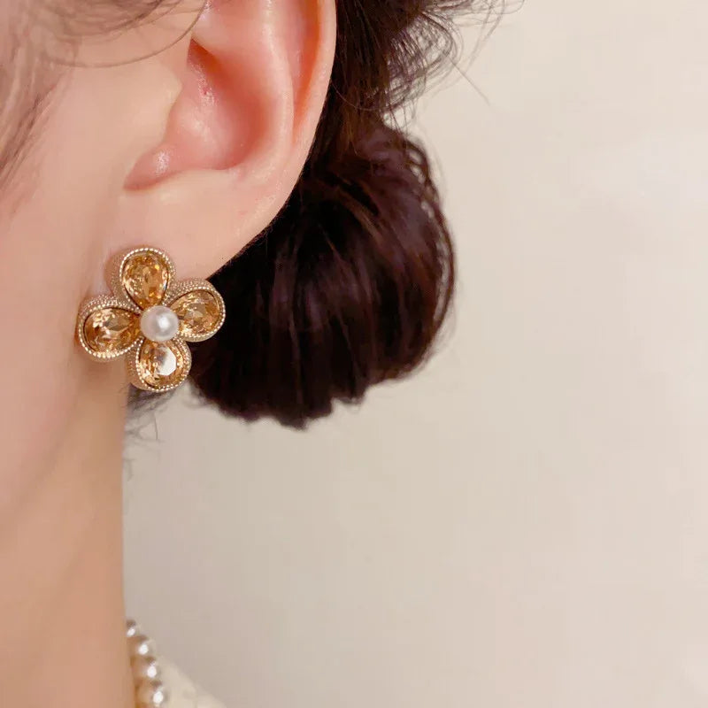 Coffee Color Rhinestone Pearl Petal Stud Earrings - AURIEVAA
