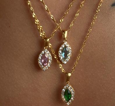 Olive Shaped Horse Eye Zircon Full Drill Titanium Steel Necklace - AURIEVAA