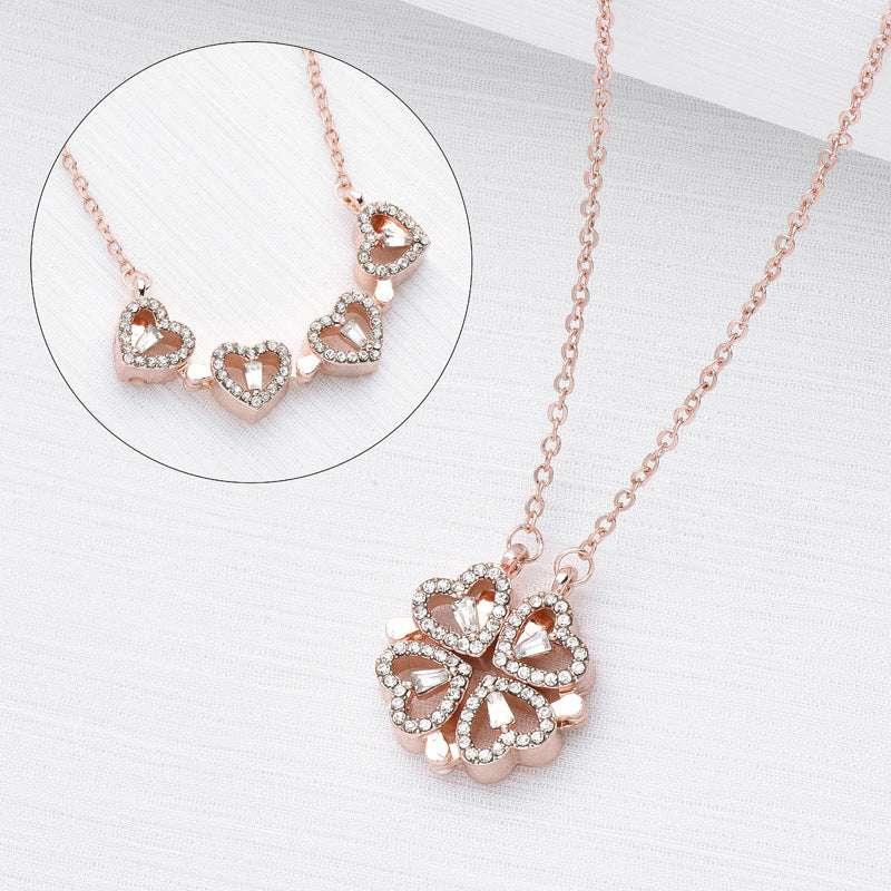 Retro Magnetic Folding Heart Shaped Four Leaf Clover Pendant Necklace Women Love Clavicle Chain Gifts Openable Choker Jewelry - AURIEVAA