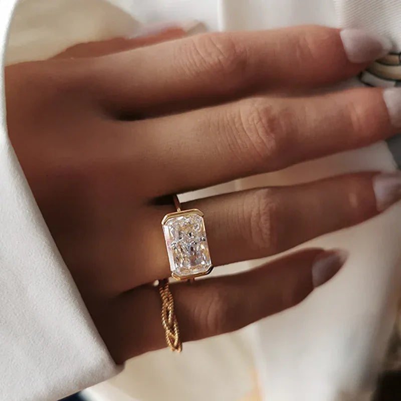 S925 Silver Plated Inlaid 7 11mm Rectangular Ice Flower Cut Ring - AURIEVAA