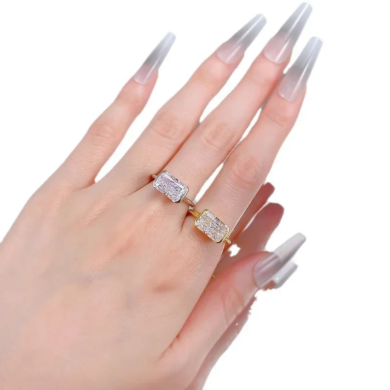 S925 Silver Plated Inlaid 7 11mm Rectangular Ice Flower Cut Ring - AURIEVAA