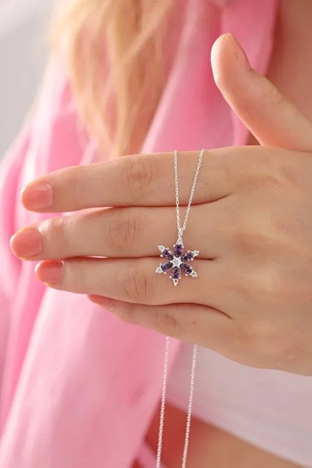 925 Sterling Silver Lotus Camellia Necklace With Amethyst Teardrop Stone - AURIEVAA