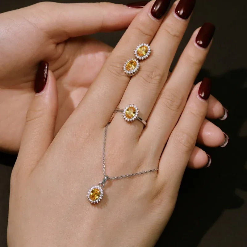 S925 Sterling Silver 5A Zircon Colored Gems Full Diamond Oval - AURIEVAA