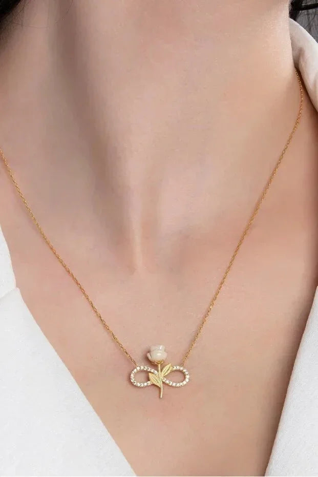 925 Sterling Silver Gold Plated White Rose Infinity Necklace With Zircon Stone - AURIEVAA
