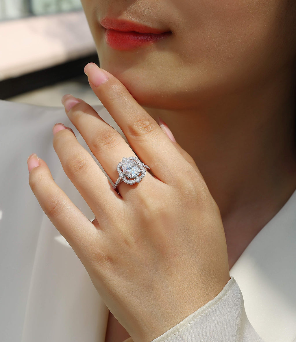 Camellia - Set With Top-quality Egg-shaped Moissanite S925 Silver And Platinum-plated Diamond Wedding Ring. The Ring Can Be Inspected With A Diamond Pen - AURIEVAA