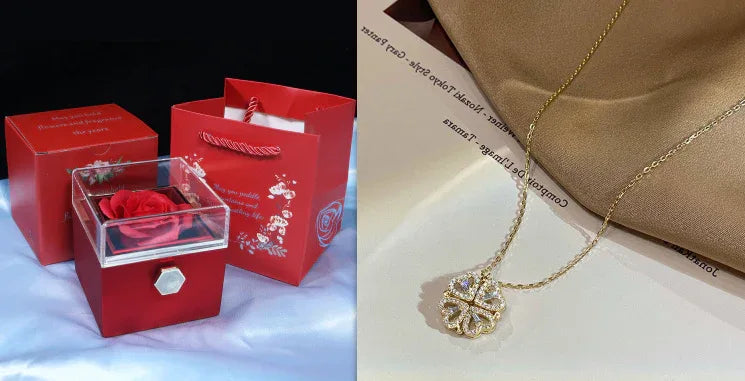 Retro Magnetic Folding Heart Shaped Four Leaf Clover Pendant Necklace Women Love Clavicle Chain Gifts Openable Choker Jewelry - AURIEVAA