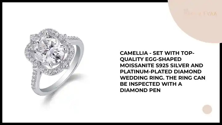Camellia - Set With Top-quality Egg-shaped Moissanite S925 Silver And Platinum-plated Diamond Wedding Ring. The Ring Can Be Inspected With A Diamond Pen by@Outfy